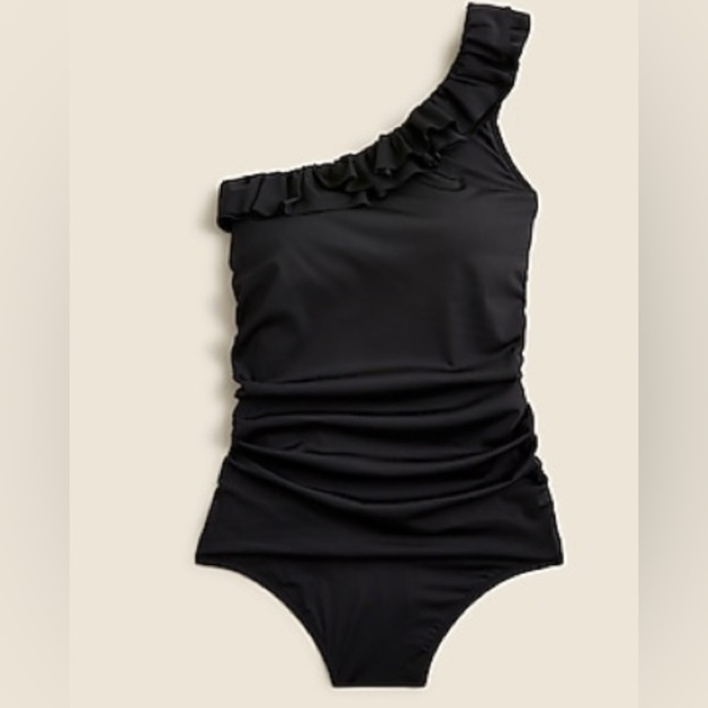 J. Crew NWT Matte Ruffle One-Shoulder Black Swimsuit